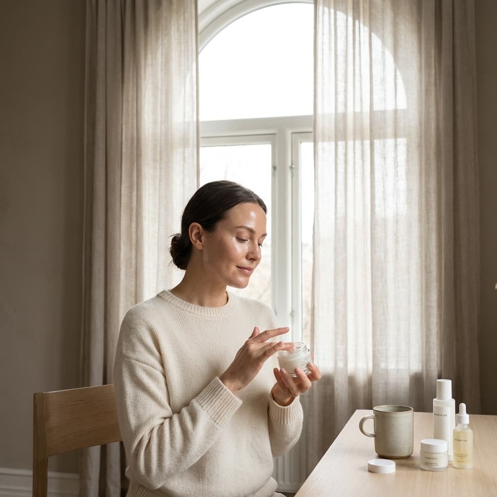 Person with natural glowing skin near a window in calm morning light