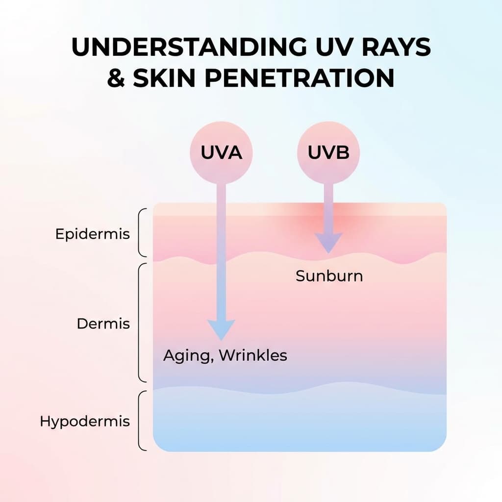 Infographic showing UVA and UVB rays penetrating skin layers